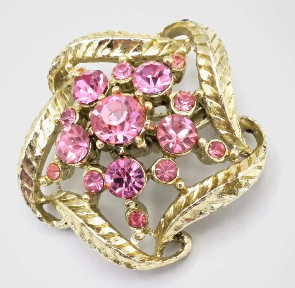 Pink Rhinestone Brooch‎ Pin Leafs 1.25